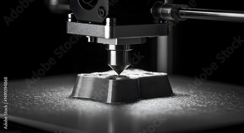 A close-up shows a 3D printer's nozzle precisely depositing material, layer by layer, onto a growing three-dimensional object.  The image is high contrast, monochrome.