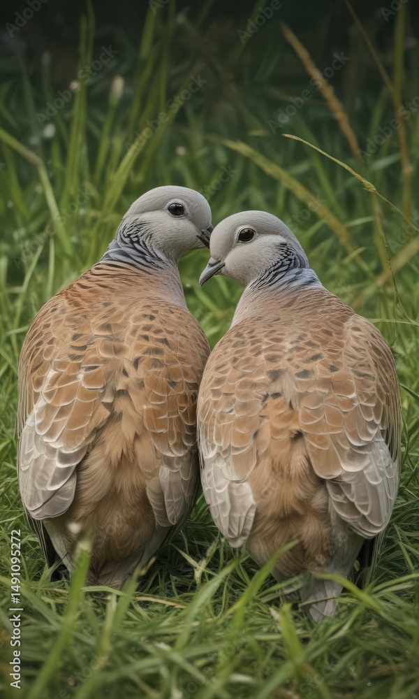 Fototapeta premium Intimate view of two European turtle doves amongst blades of grass, close up, eyes, plumage