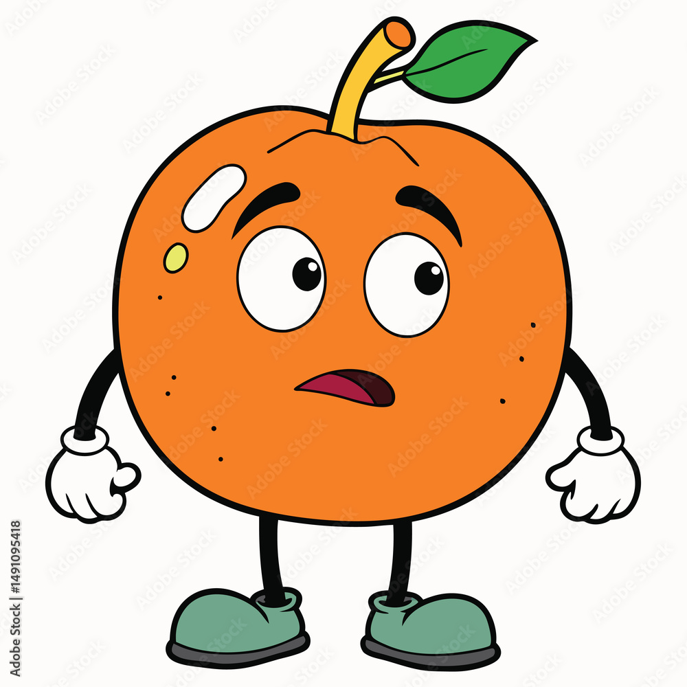 Obraz premium Cartoon Orange Fruit, Cute Orange Character with Shoes and Leaf, Fun Fruit Illustration