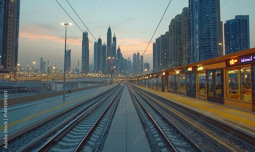 Fototapeta premium Tranquil cityscape at dawn, viewed from a train platform, showcasing a modern rail system and towering skyscrapers in the background