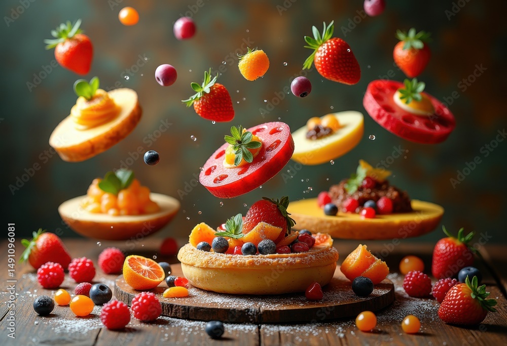 Obraz premium dynamic levitation food textured backdrop capturing motion flavor presentation, color, ingredient, recipe, culinary, arrangement, effect, appetizer