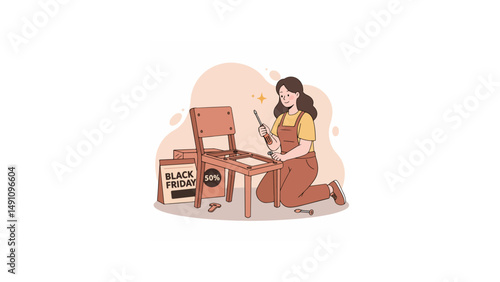  Woman assembling chair on floor with instructions and Black Friday boxes