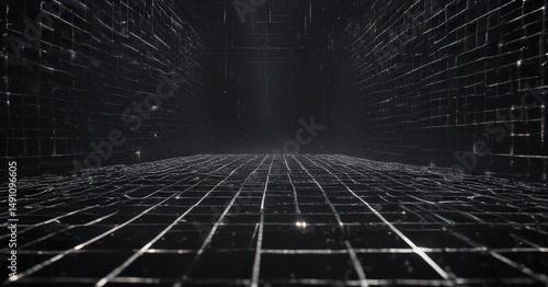 Shimmering energy streams weave through a complex, black grid  ,  web,  threads