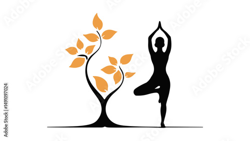 woman doing yoga pose next to tree with yellow leaves