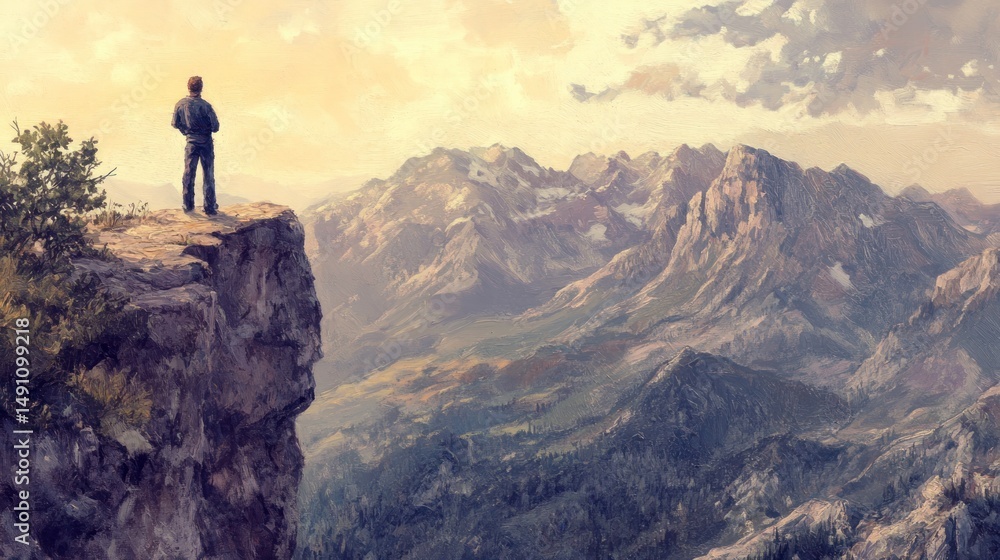 Obraz premium Contemplation on the precipice, A mountain vista of pensive solitude