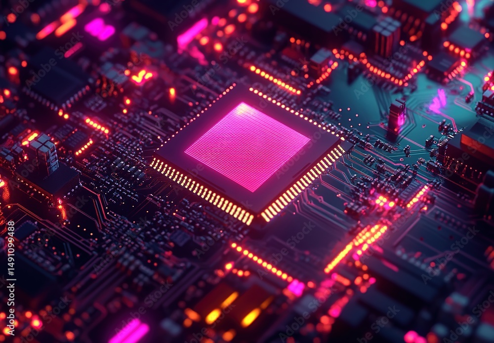 Circuit board close-up with glowing microchip and red-orange lights. Circuit board close-up with glowing microchip and red-orange lights.