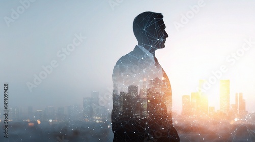 Business Leader with Layered Network Silhouette Against Cityscape