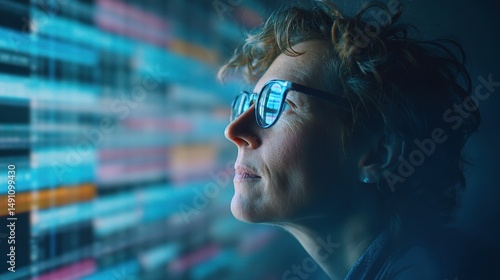 Focused Project Leader Analyzing Layered Visuals and Deadlines