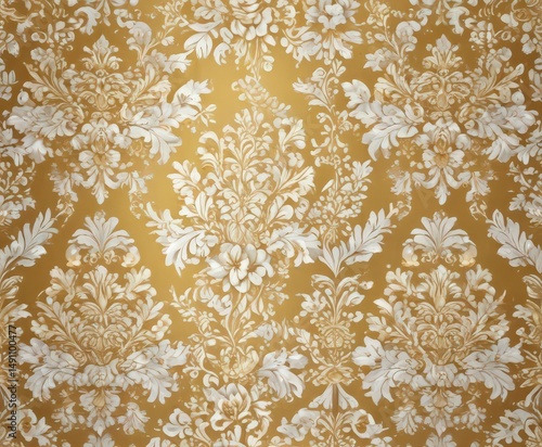 Elegant gold and white damask floral wallpaper pattern , repeat, leaf
