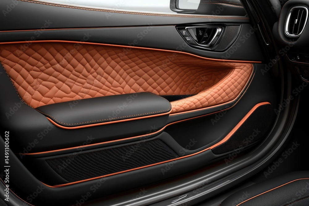 Obraz premium Interior view of a vehicle's quilted door panel.