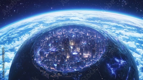 Futuristic cityscape in space colony with earth backdrop viewed from afar