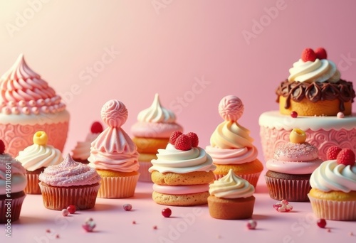 vibrant colorful dessert display tantalizing sweets cakes pastries treats baked goods whimsical pastel background delightful confectionery, pastry, delicacy