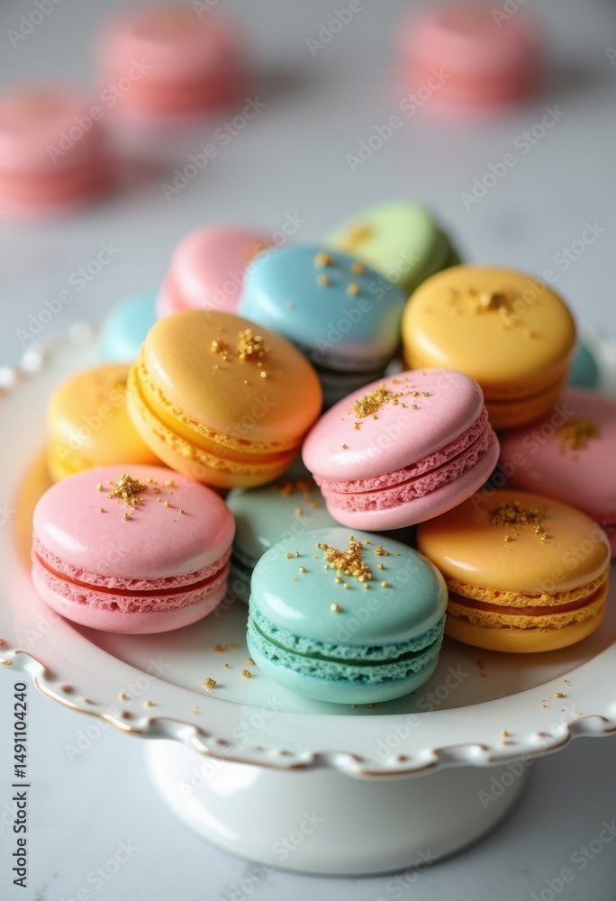 Obraz premium colorful assorted macarons plated white dish sweet treats delicacies culinary delight pastries, dessert, food, desserts, delicacy, cream, almond, filling