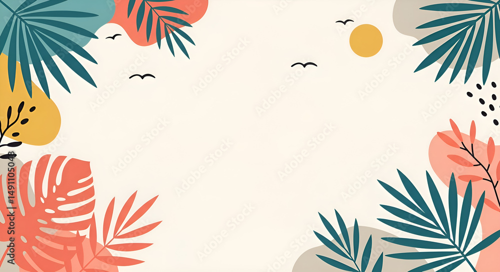 Fototapeta premium Colorful abstract tropical background featuring botanical leaves and organic shapes in a modern boho style. Ideal summer design template or frame for text, perfect for banners, invitations
