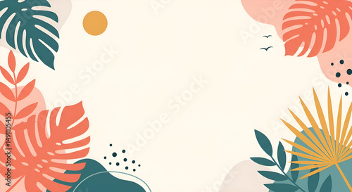 Wallpaper Mural Colorful abstract tropical background featuring botanical leaves and organic shapes in a modern boho style. Ideal summer design template or frame for text, perfect for banners, invitations Torontodigital.ca