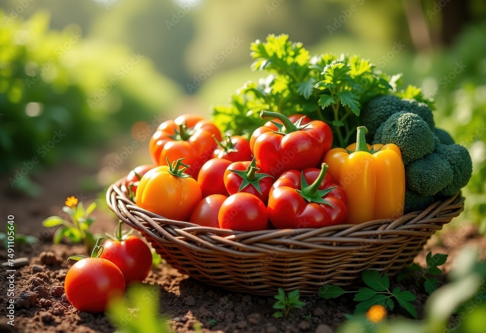 Fototapeta premium freshly picked organic vegetables colorful variety biodegradable basket harvest farm fresh produce, carrot, tomato, cucumber, pepper, radish, zucchini