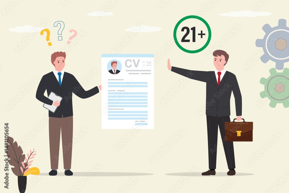 Unhappy young man with cv. Job restrictions, employer showing gesture - rejected, too young. job seeker deny. Young adult or student with resume. Age discrimination, ageism. Unhappy young man with cv. Job restrictions, employer showing gesture - rejected, too young. job seeker deny. Young adult or student with resume. Age discrimination, ageism.