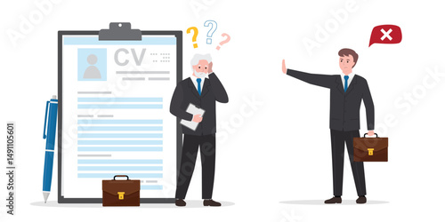 Unhappy elderly man with cv. Job restrictions, employer show gesture - stop, job seeker too old. Senior adult with resume. Age discrimination, ageism.