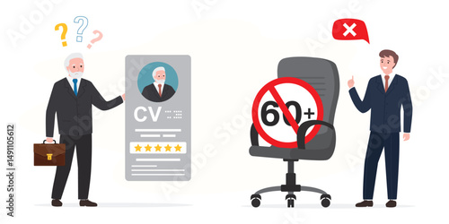 Unhappy elderly man with cv. Job restrictions, employer told job seeker too old. Office chair with age sign. Senior adult with resume. Age discrimination, ageism