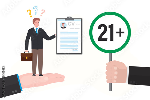 Unhappy young man with cv. Job restrictions, employer hand with placard - too young. job seeker rejection. Young adult or student with resume. Age discrimination, ageism.
