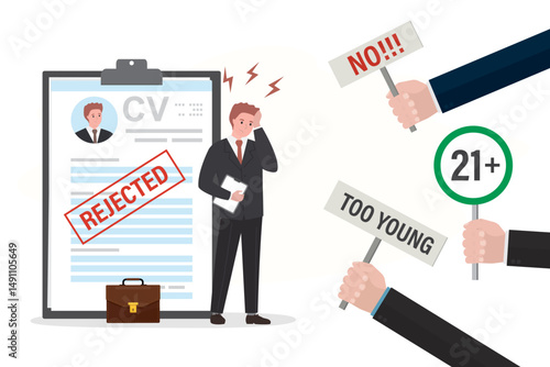 Unhappy young man with cv. Job restrictions, employer hand with placards - too young. job seeker rejection. Young adult or student with resume. Age discrimination, ageism.