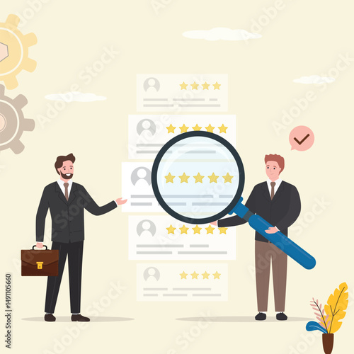 Recruitment process, hr agent and boss talking about search new staff. Feedback and review. Characters looking positive feedback. Rating scale and customer satisfaction concept.