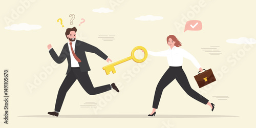 Relay, job handover or partnership. Partners, businesswoman passes golden key to male colleague while running. Give tips and support for successful work. Teamwork to win.