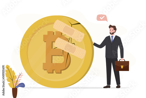 Businessman investor with damaged Bitcoin plaster bandage repair. Cryptocurrency value return after crash or collapse, rescue or fix Bitcoin trading