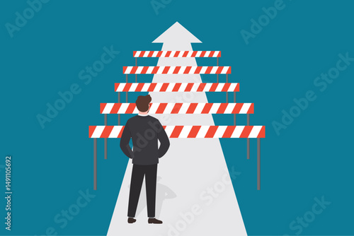Businessman standing before many barriers. Prohibitions, restrictions for business. Warning signs prevents the entrepreneur from moving forward along arrow. Ban on development,