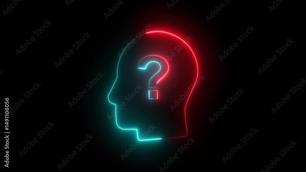Glowing neon line brain question mark icon animation with cyan and red color. Glowing neon line brain question mark icon animation with cyan and red color.
