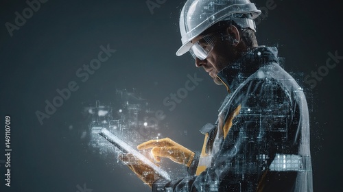 Technologist in Hard Hat Reviewing Holographic Blueprint Display