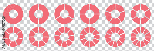 Circle pie chart diagram. Set of pie charts diagrams. Pie chart divided 2, 3, 4, 5, 6,7, 8, 9, 10, 11, 12. equal parts. Circle section graph. Different color circles. Colorful diagram graphs. Eps 10