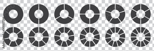Circle pie chart diagram. Set of pie charts diagrams. Pie chart divided 2, 3, 4, 5, 6,7, 8, 9, 10, 11, 12. equal parts. Circle section graph. Different color circles. Colorful diagram graphs. Eps 10