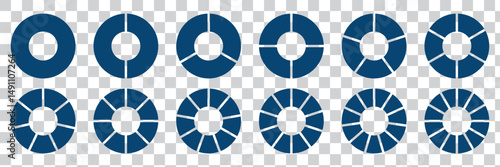 Circle pie chart diagram. Set of pie charts diagrams. Pie chart divided 2, 3, 4, 5, 6,7, 8, 9, 10, 11, 12. equal parts. Circle section graph. Different color circles. Colorful diagram graphs. Eps 10