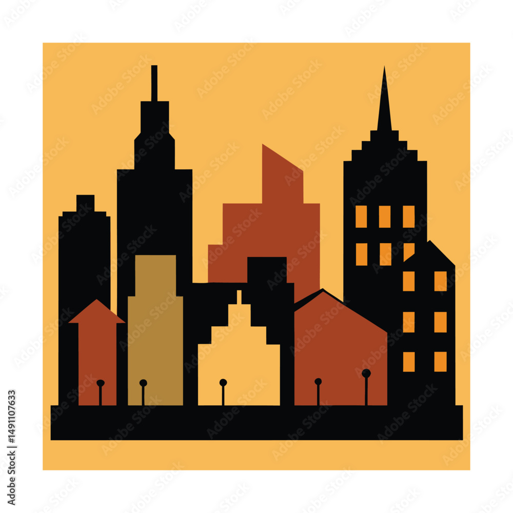 Naklejka premium Silhouette of city buildings at sunset abstract vector illustration in orange and brown colors