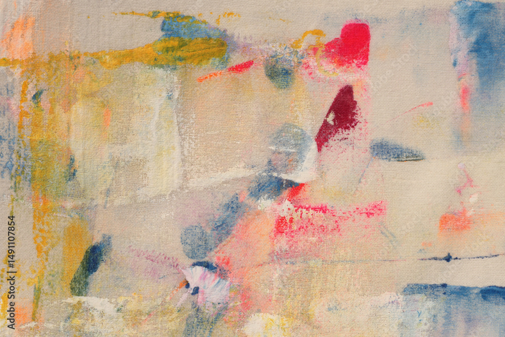 Naklejka premium Grunge beige canvas denim fabric with painting stain grain brush stroke smear blot. Atr Texture abstract background.
