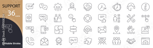 Support icon set. Customer service and assistance related line icons: help, chat, question, feedback, communication, troubleshooting, teamwork, service and .Editable stroke. Vector illustration.