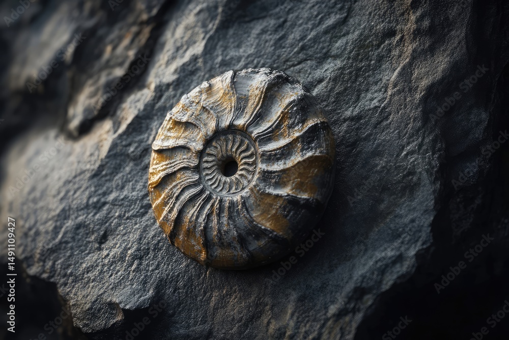 A fossilized ammonite, a spiral-shelled cephalopod, embedded in dark rock. A fossilized ammonite, a spiral-shelled cephalopod, embedded in dark rock.