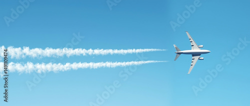 An airplane flying in the sky and releasing chemtrail clouds in a long, horizontal line. The blue sky is beautiful,