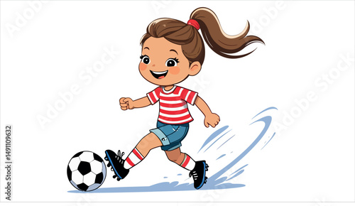 A cartoon vector illustration depicts a child soccer player in action, a fun sport for any kid playing with a ball