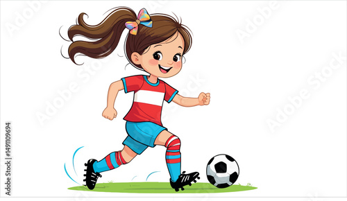 A cartoon illustration depicts a girl soccer player having fun playing football with a ball