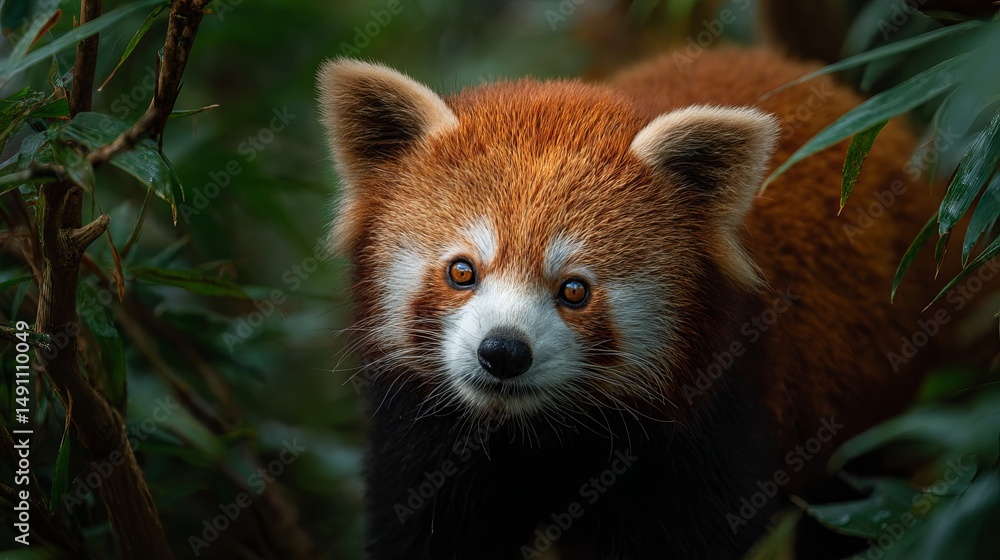 Obraz premium Exploring the enchanting world of red pandas a close up portrait in lush green foliage habitat setting