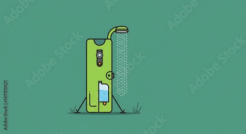 Modern portable outdoor shower unit illustration on green backdrop