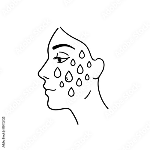 Line art of a woman's face with water droplets on the skin  