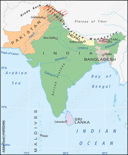 Vector political world map. South Asia with India, Kashmir, Pakistan, Indian Ocean, Maldives, Bangladesh, Nepal, Himalaya mountains,
Bhutan, Arabian sea, Bengal Bay, New Delhi, Ganges River, Sri Lanka