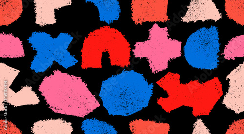 Hand drawn charcoal square seamless pattern. Circle geometric basic shapes. Vector pencil or crayon texture. Abstract geometric figures like triangle, octagon, polygon. Seamless pattern noise grunge.