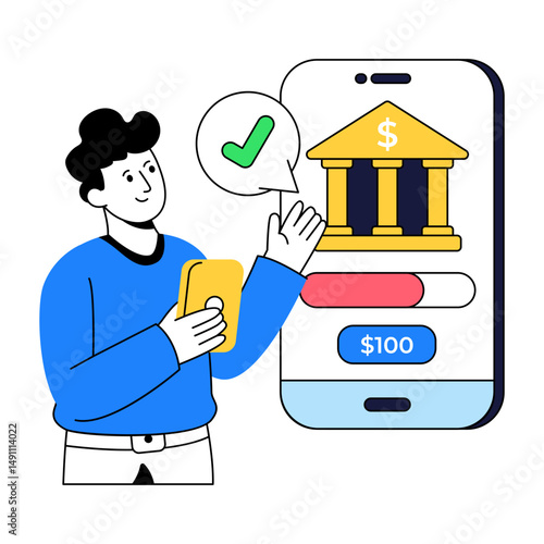 Bank building inside mobile, concept of online banking illustration
