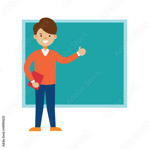 Friendly teacher gesturing towards a blank teal chalkboard with a thumbs up gesture