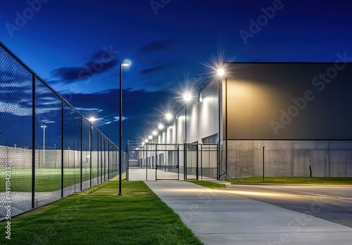 Wallpaper Mural Modern building illuminated at night with fences, grass, and star-shaped street lamps. Torontodigital.ca
