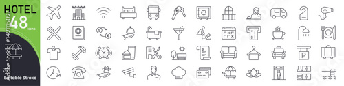 Hotel icon set. Hospitality and accommodation related line icons: bed, room service, reception, luggage, key, breakfast, hotel building, Wi-Fi and swimming pool. Editable stroke. Vector illustration.